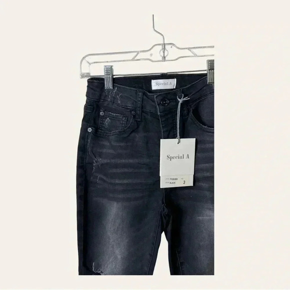 0805. SPECIAL A BLACK DENIM JEANS FACTORY DISTRESSED SIZE 3 - Picture 3 of 10